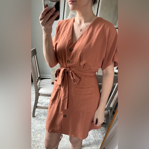 Women's Orange Rust Button-Down Tie Belt Dress - Picture 5 of 10
